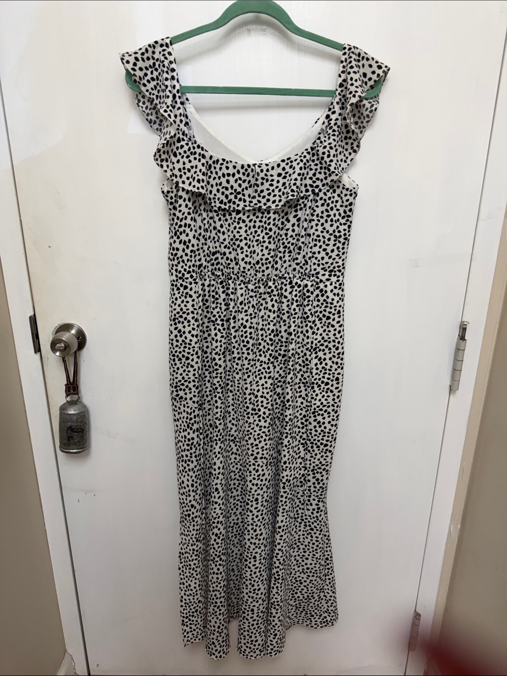 Off-Shoulder Ruffle Midi Dress in Black and White Spot - Picture 3 of 5